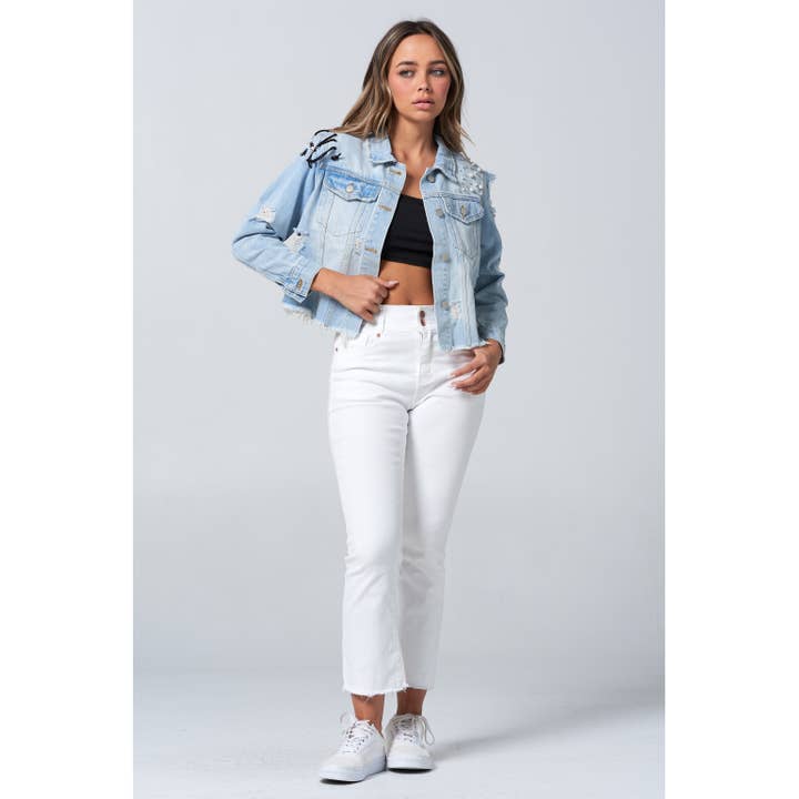 Blue Turtle – wholesale Denim jacket – Women's – Slay Em Distressed Pearl and Rhinestone Denim Jacket Black12