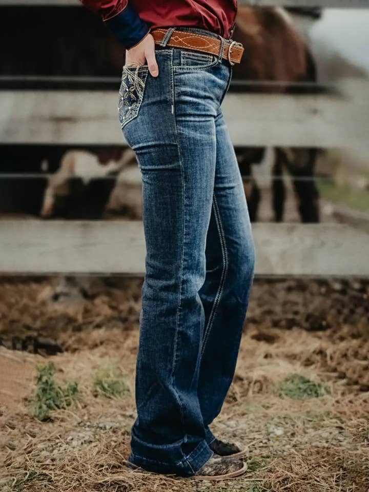 Blue Women's Stretch Flare Jeans Embroidered Boho Denim Pants, for wholesale on Faire3