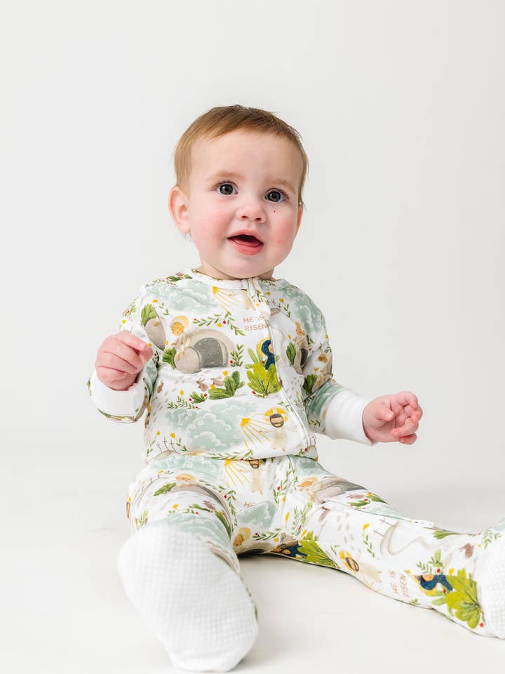He Is Risen PJ Footed Onesie Cotton for wholesale by Holy Pals