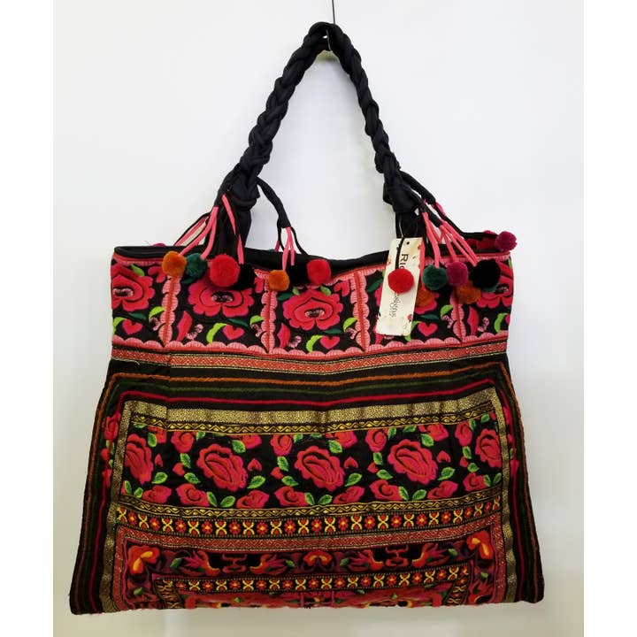 Ricki designs - Vente Tote bag – femme - TOTE EN TISSU BRODÉ À POMPONS FLORAUX4