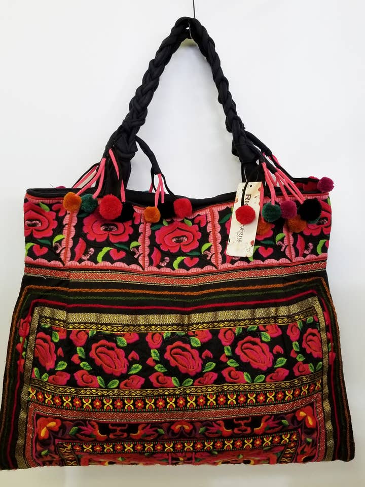 FALL FABRIC FLORAL EMBROIDERED POM POM TOTE for wholesale by Ricki designs