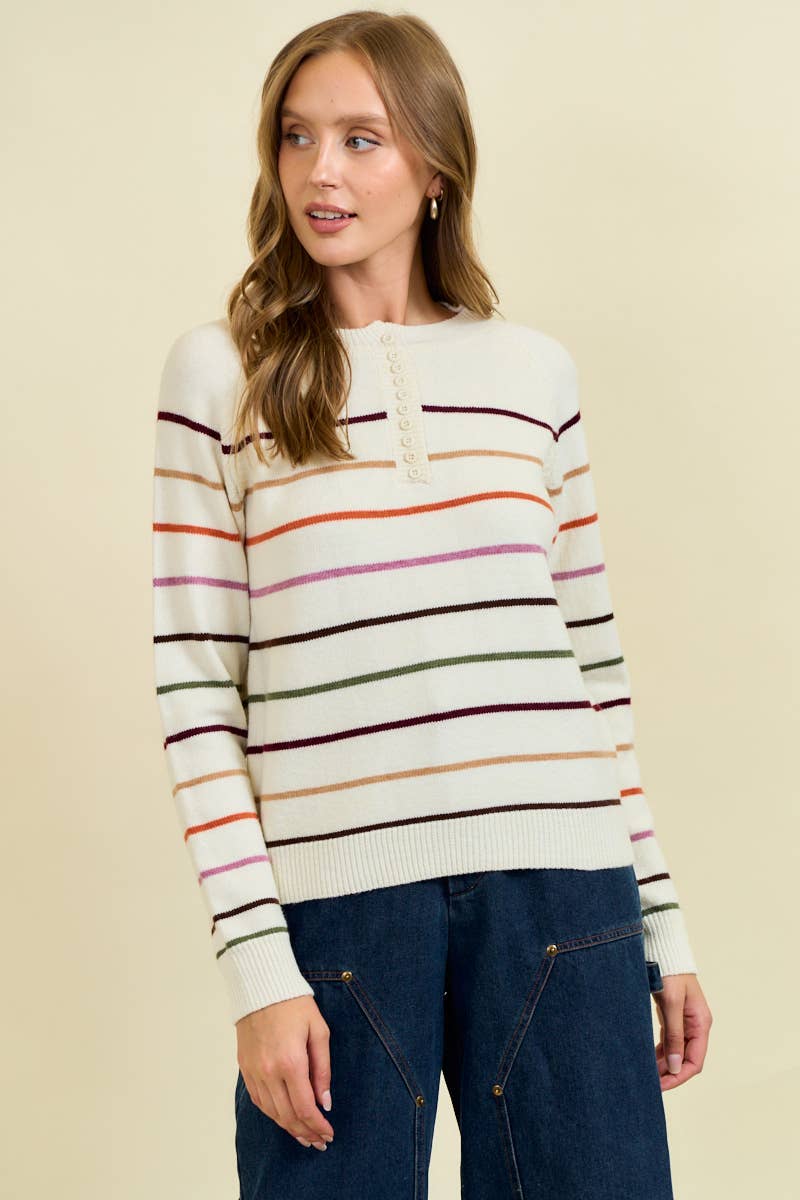 ELFENBEIN MULTI-STREIFEN-KNOPF-DOWN-HENRY-NECK-PULLOVER - 45568T für den Großhandel auf Faire1