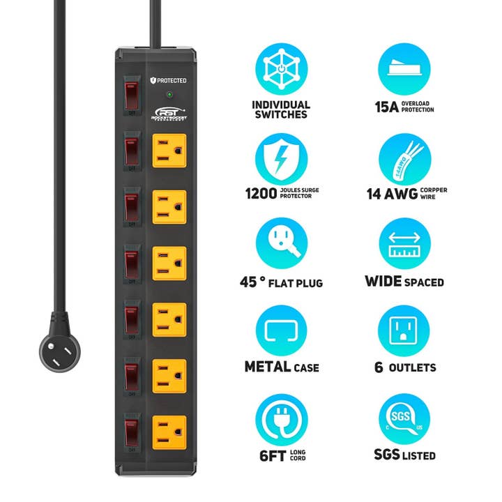 Rocket Socket Technology - Wholesale Power Adapter - CRST 6 Outlets Individual Switches Mountable Metal Power Strip Surge Protector, 6FT Flat Plug Power Cord, Optional 3 Colors