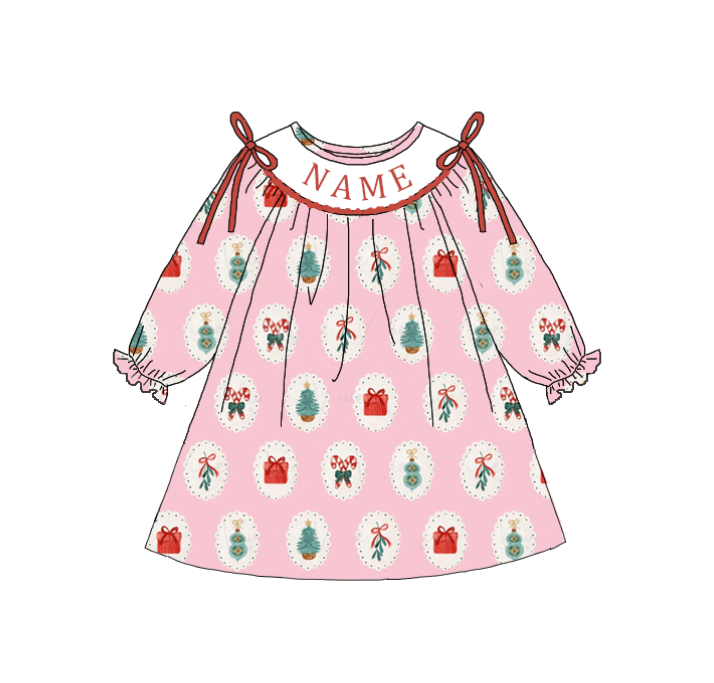 Auraquise - Wholesale Dress Set - Baby - Girls Christmas Gift Smocked Embroidery Custom Name Dress & Romper0