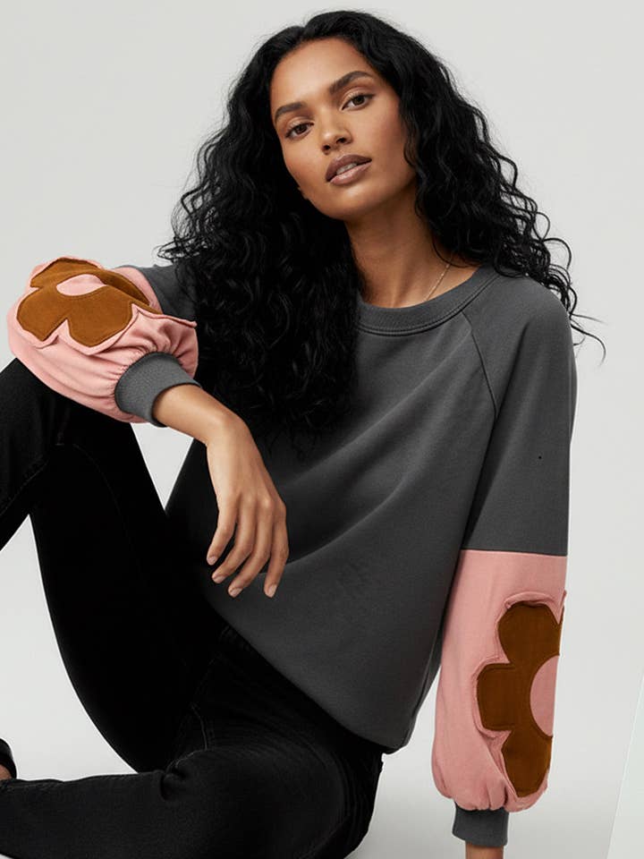 Kori America - Wholesale Knit Top - Women's - FLORAL PATCHWORK LONG SLEEVE COLOR BLOCK TOP1