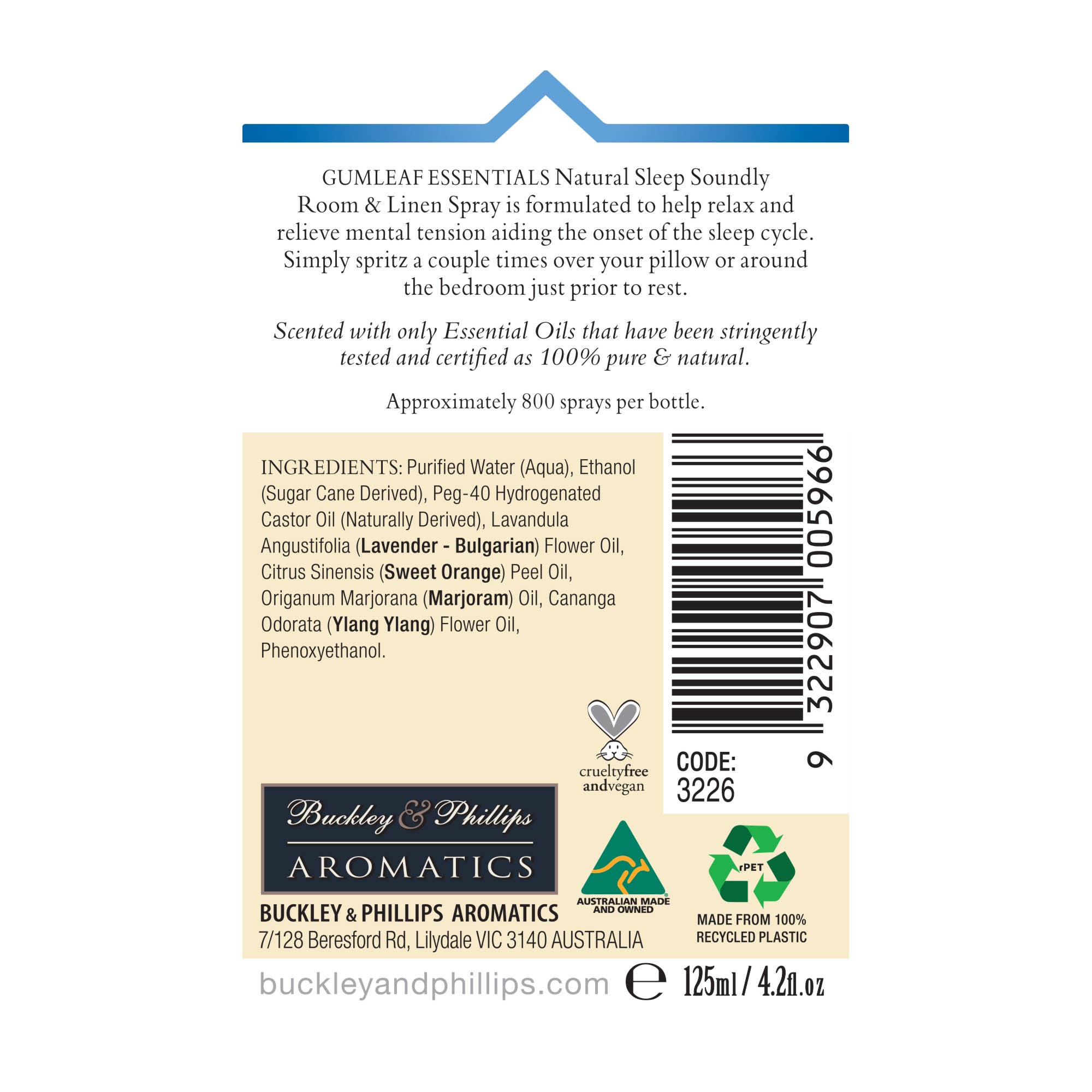 Buckley & Phillips Aromatics – wholesale Room & linen spray – Sleep Soundly Room & Linen Spray2