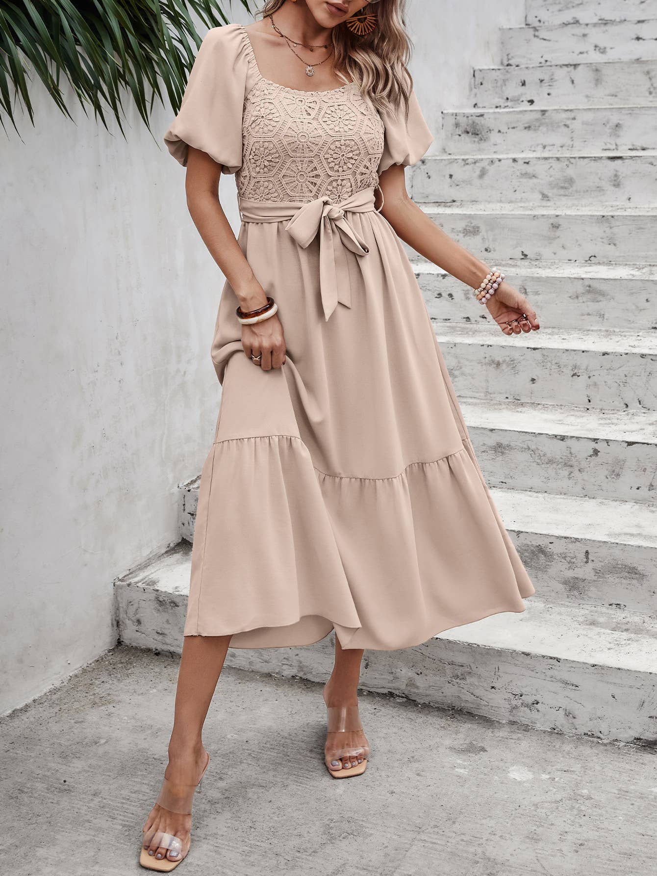 eLook - Wholesale Jurk - Dames - SZ1-DR1008 Midi-jurk met haakdetails en pofmouwen en riem7