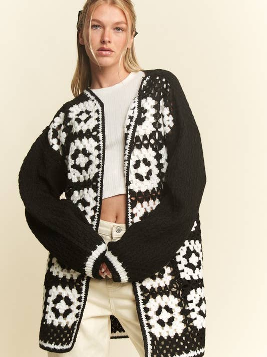 JADE BY JANE - Vente Cardigan – femme - Cardigan en maille ouverte bicolore en crochet carré à motif floral1