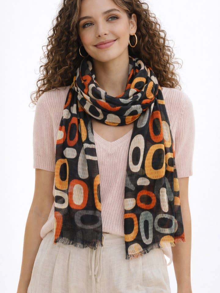 Retro Geometry Scarf – Merino Wool Silk Wrap | Mid-Century Modern Abstract in Orange, Black & White for wholesale by Namaskar Australia
