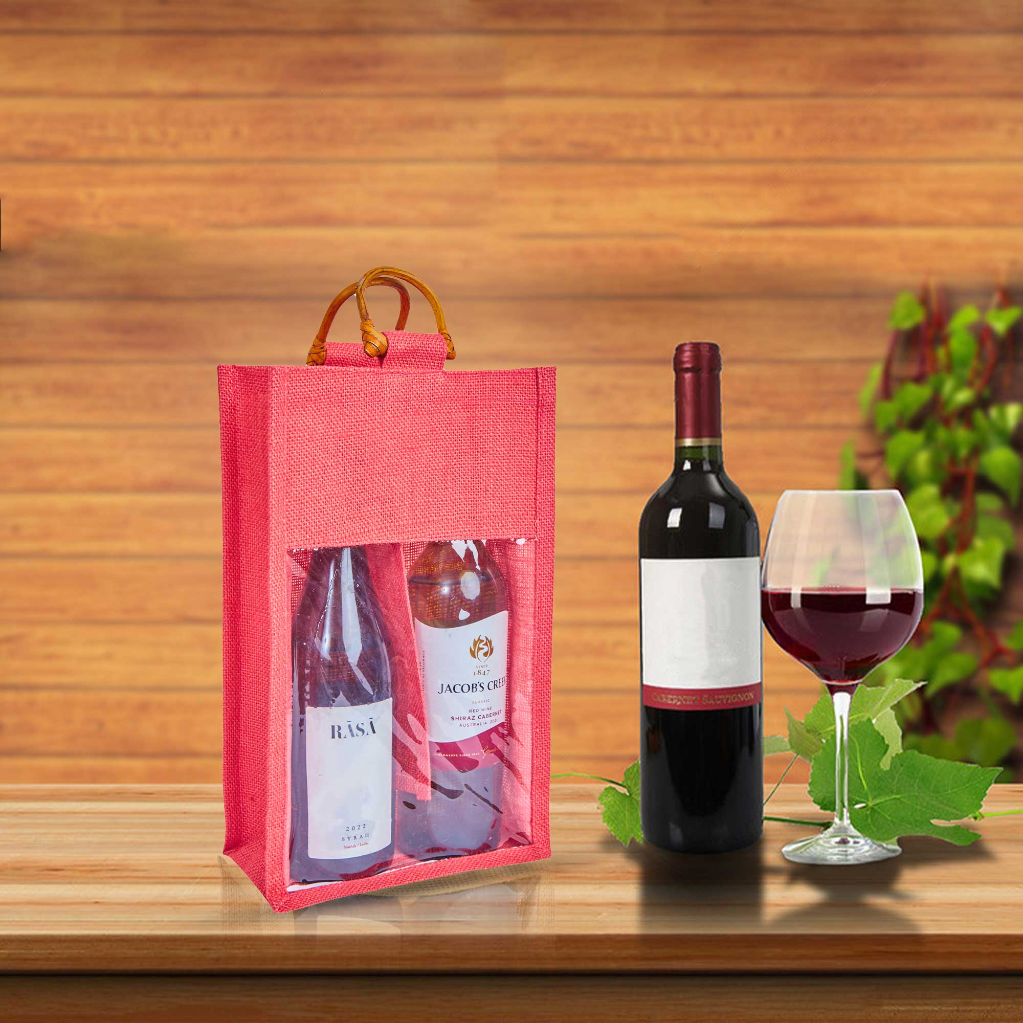ecojutebags – wholesale Wine gift bag – 6-Pack Burlap Wine Bags with Cane Handle & Clear PVC Window15