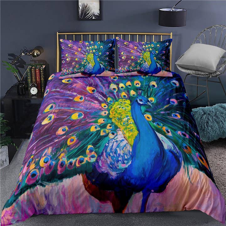 Juego de cama completo con diseño de pavo real colorido, funda de edredón de lujo, tamaño queen, king, edredón boho, ropa de cama de diseño, colcha morada maximalista para venta al por mayor de daintyduvet