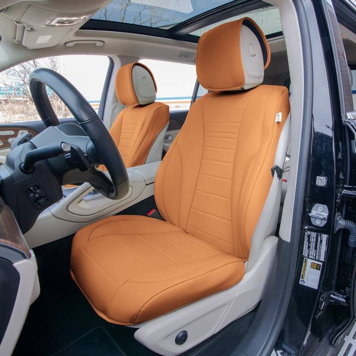 Grande70 Luxe Faux Leather Car Seat Covers with Sleek Pattern - Front Set Brown for wholesale by FH GROUP