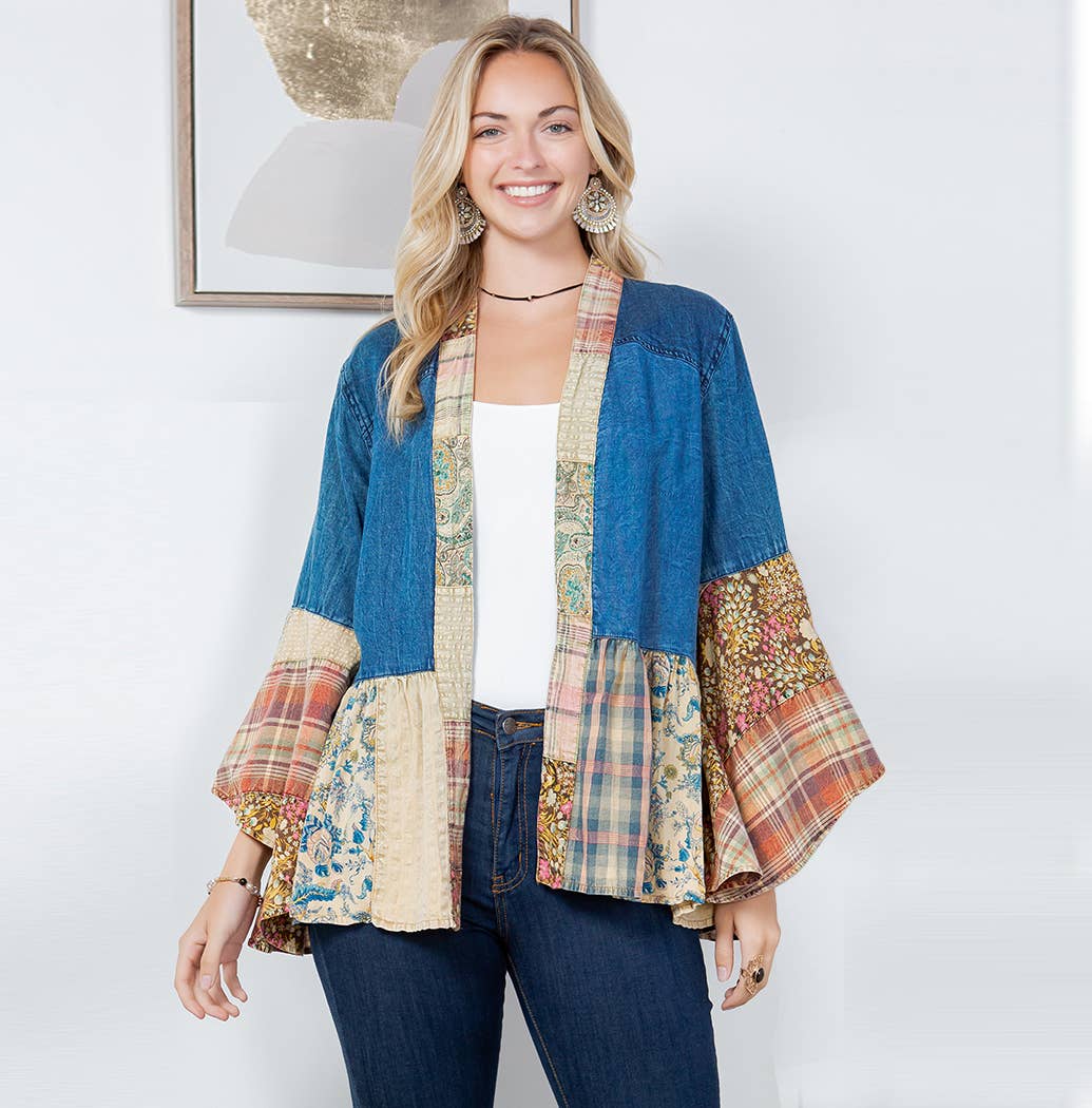 Young Threads - Wholesale Kimono - Women's - Western Boho Lace & Denim Patchwork Kimono Top NEW0
