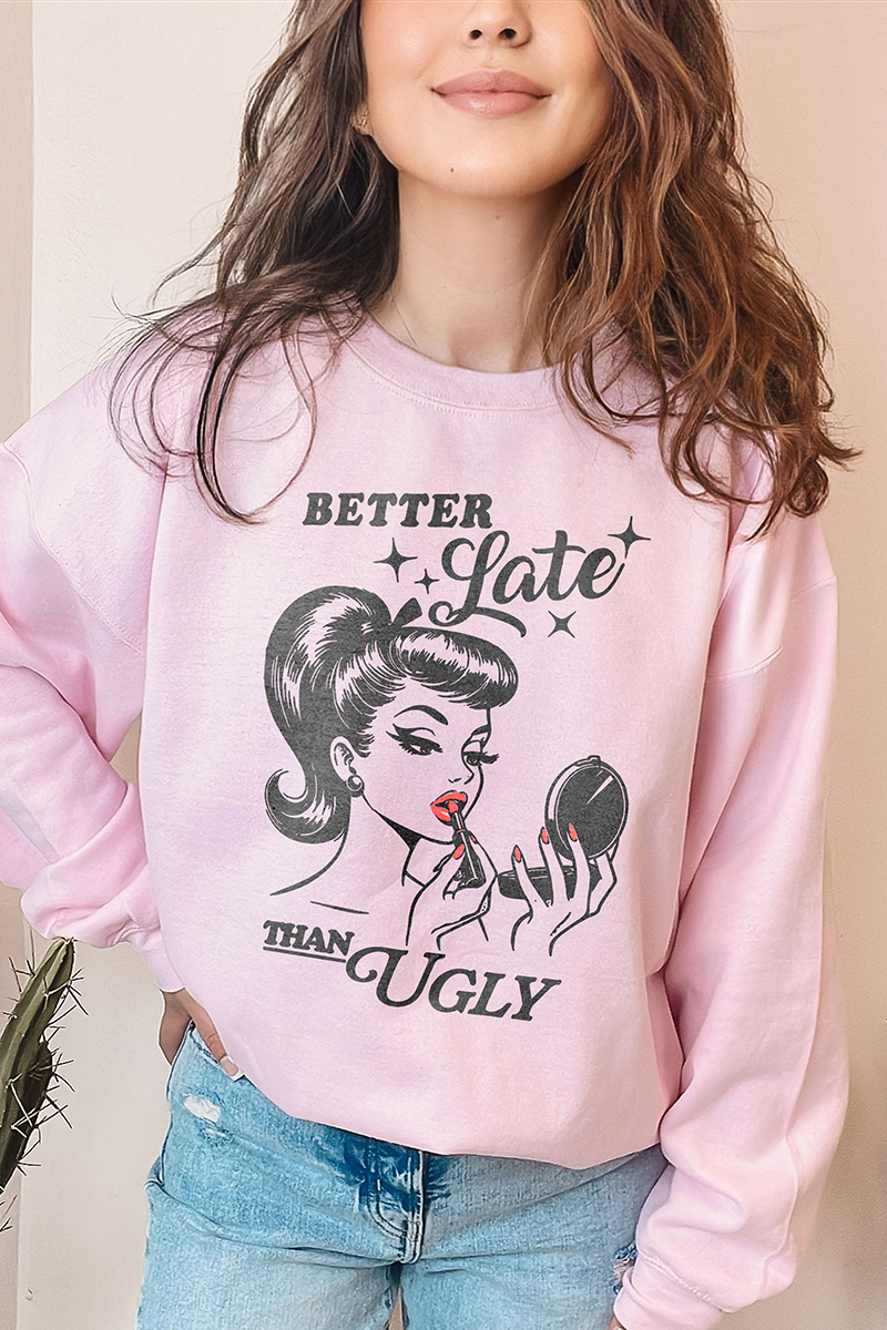 Bella Me – wholesale Sweatshirt med tryck - Dam – Vintage Better Late Crew Halsband2