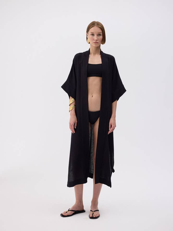 Black Linen Kimono (3458) 32% Linen 68% Cotton for wholesale by Fulmarix