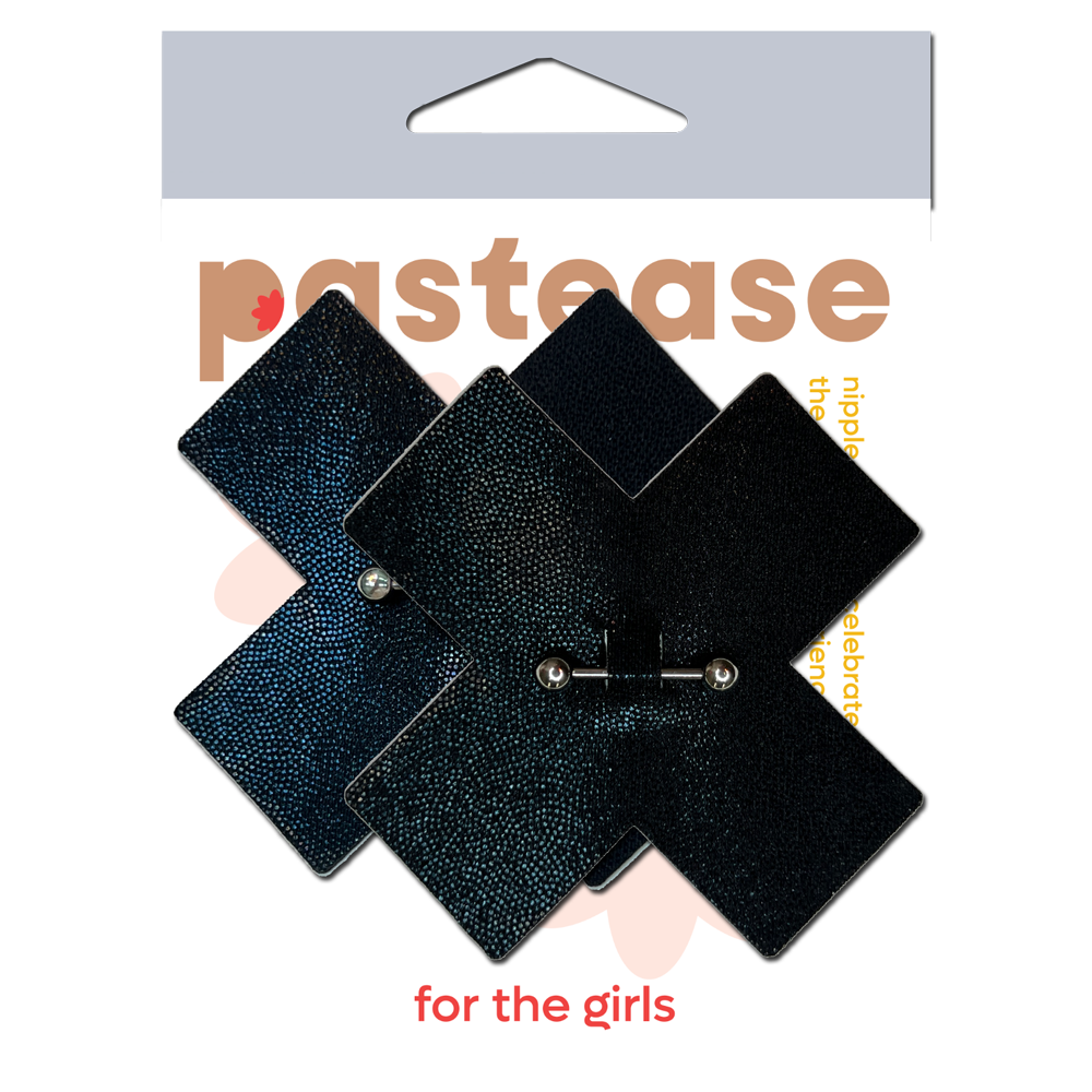 Pastease® - Wholesale Nipple Pasties - Women's - Pierced Pasties: Black Cross X with Barbell Piercing Pasties4