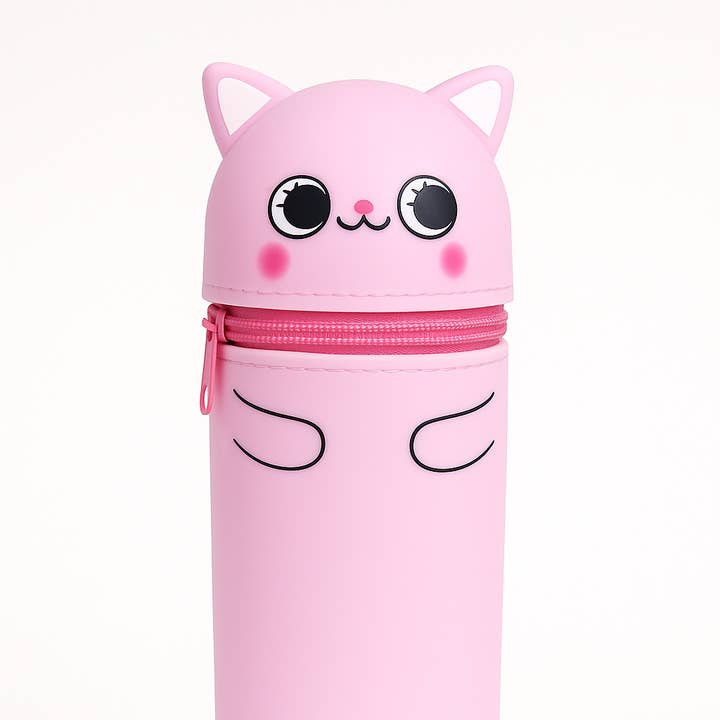 Cute Standing Silicone Pencil Case- Pink Cat for wholesale by Pango Productions