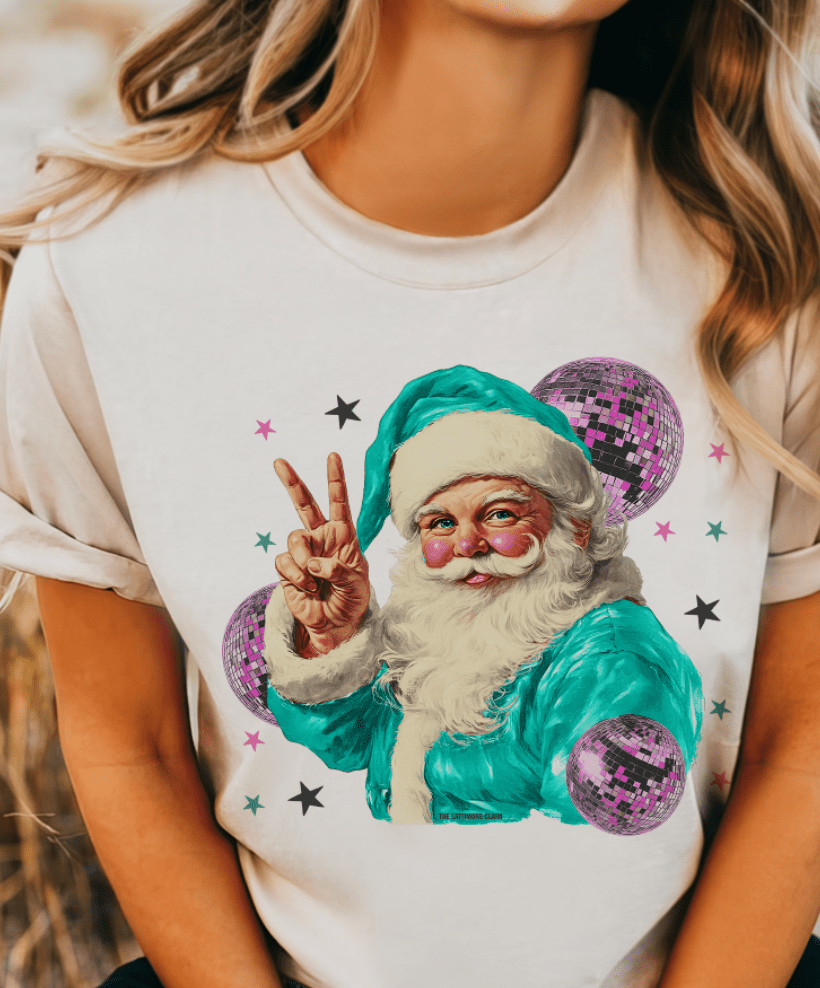THE LATTIMORE CLAIM - Wholesale Screen Printed T-Shirt - Women's - Disco Santa Peace Hand - Multiple options3