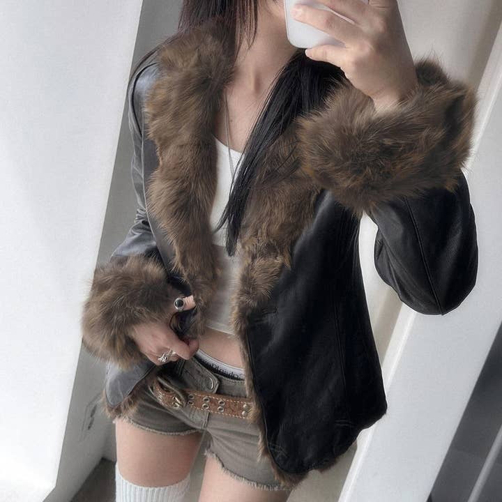 BLACK SLIM WARM FUR COLLAR PATCHWORK LEATHER COAT for wholesale on Faire