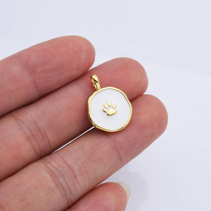 Beads Creation - Wholesale Individual Charm/Pendant - White Enamel Dog Cat Paw Print Charm in Gold Filled, CP21702