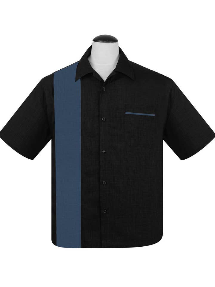 PopCheck Bowlingskjorta med en panel i svart/blå för wholesale av Steady Clothing