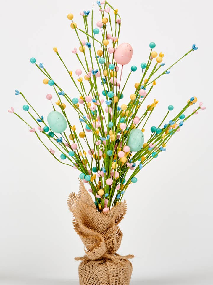 18" Easter Eggs & Berries Tabletop Tree in Burlap Sack Base for wholesale by WORTH IMPORTS