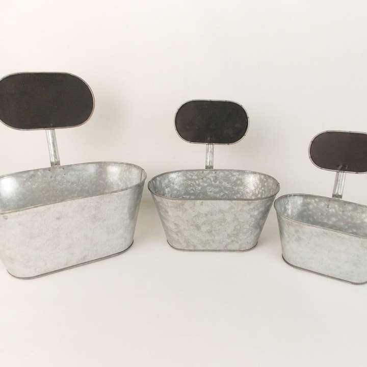 Tin Oval Basket Ensemble with Chalkboards, Galvanized, Set of 3 - 11" H, 9.25" H, 8" H for wholesale by Birch Maison
