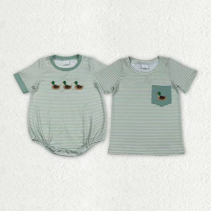 Sibling Baby Boys Green Stripe Embroidery Ducks Hunting T-shirt Top Rompers for wholesale by Aier Wholesale