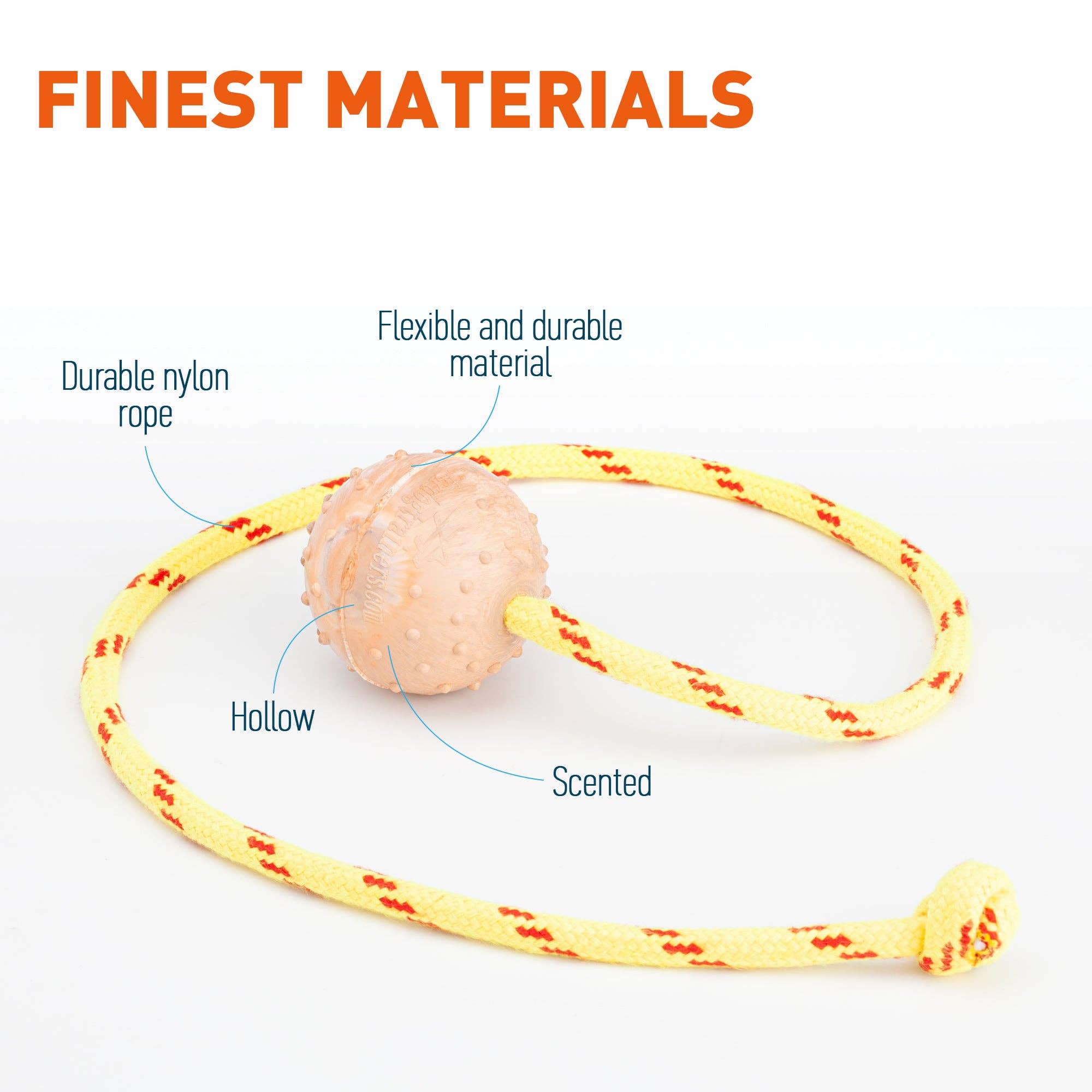 Dogline – wholesale Repleksak - Hund – FDT Gummihundboll på rep, liten - diameter 2" (5 cm)1