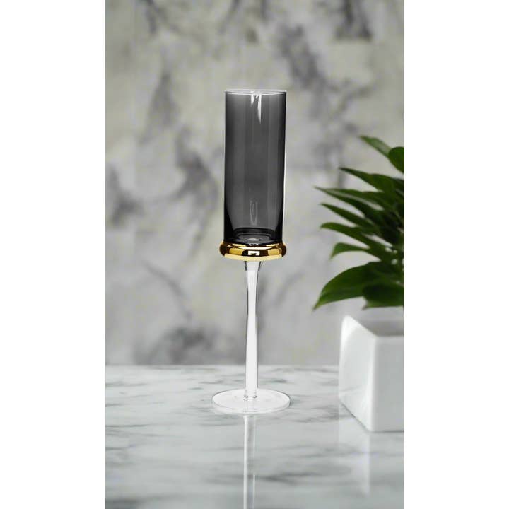 CLASSIC TOUCH DECOR INC. - Wholesale Champagne Flute - Set of 6 Flute Glasses Tinted Black with Gold Band
