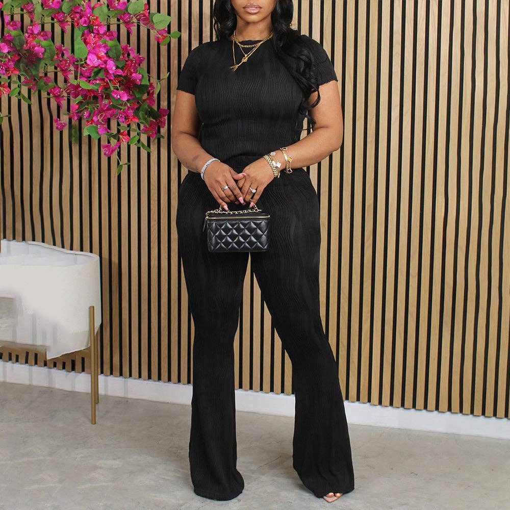 MB Fashion Wholesale - Wholesale Top & Pant Set (NOT Loungewear) - Women's - MB FASHION Wavy Textured Short-Sleeve Top Pants Set 272LY0