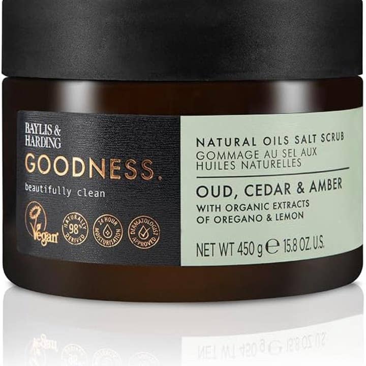 Baylis and Harding Goodness Oud Natural Oil Salt Scrub, 450g for wholesale by Beauty Goddess