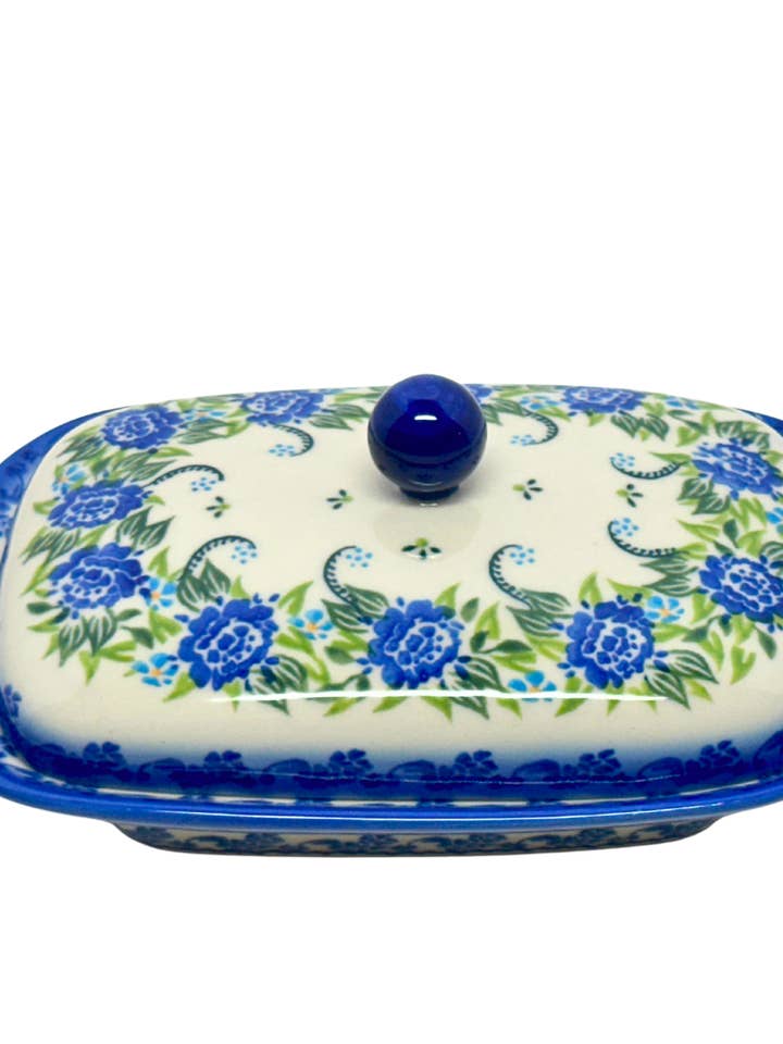 Butter Dish, Euro Wide - Galia Blue Chrysanthemum for wholesale by Music City Polish Pottery