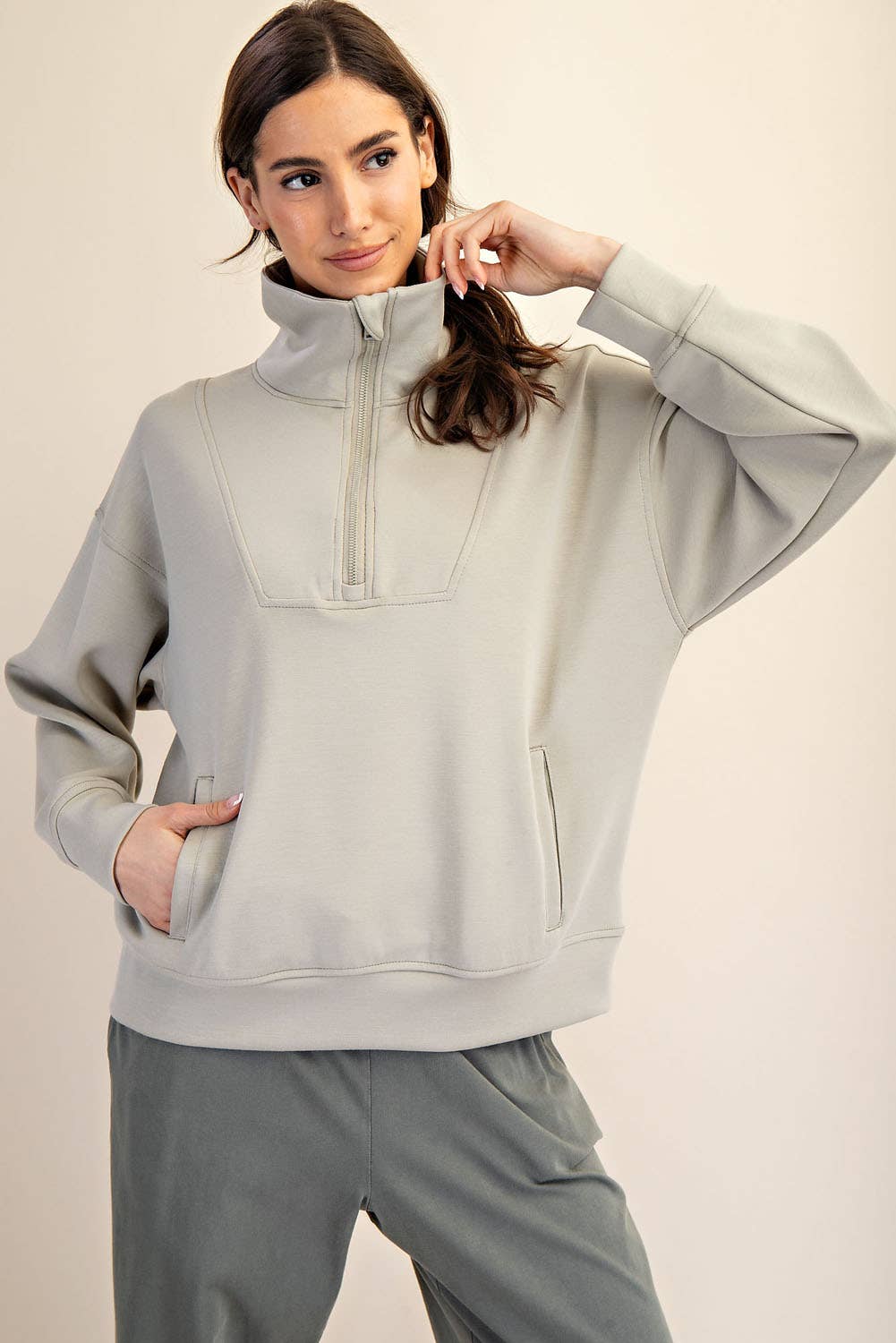 Rae Mode - Vendita all'ingrosso Felpa - Donna - PULLOVER CON COLLO A IMBUTO E ZIP A QUARTO IN MODAL SCUBA33
