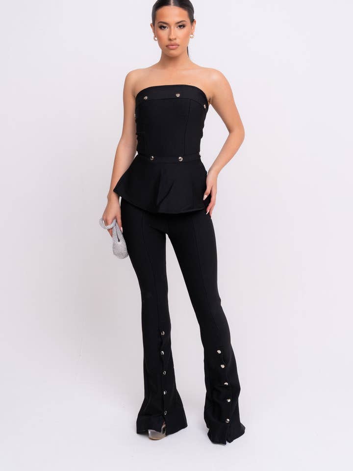 Luna VIP Luxe Black Bandage Bodycon Button Top and Trouser Co-Ord Set for wholesale by Nazz Collection Clothing Ltd