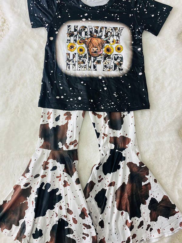 DLH2636 HOWDY HEIFER black top cow bell bottom girls set for wholesale by luluclothes