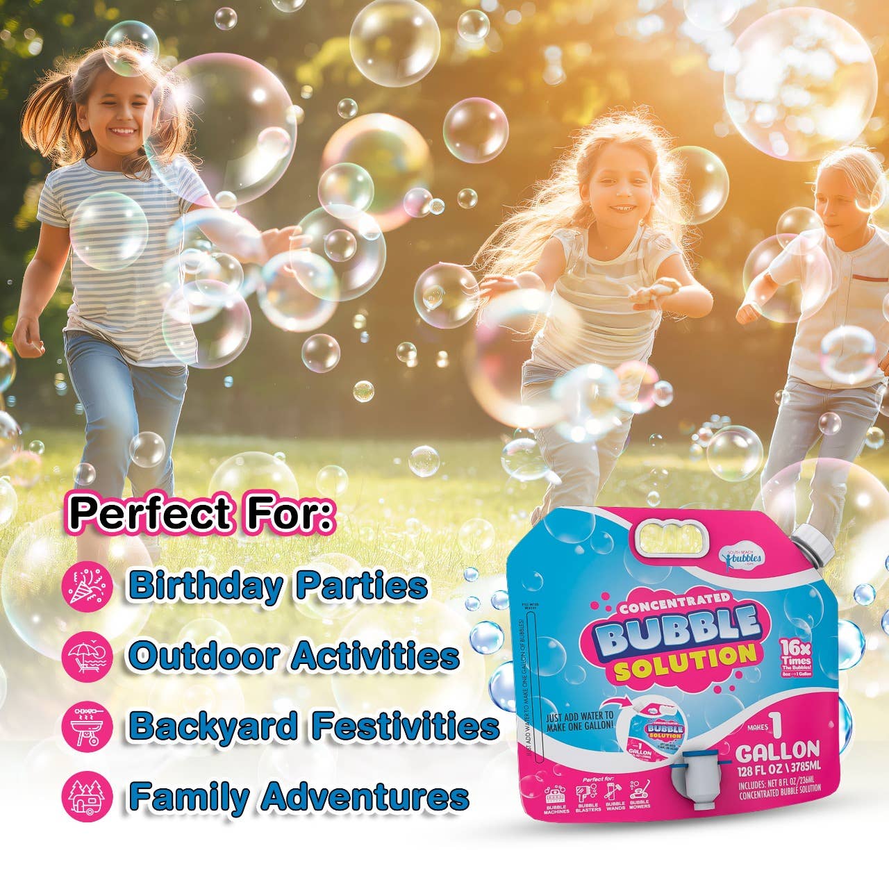 South Beach Bubbles - Wholesale Bubble Wand - Kids - Bubble Solution Refill with Dispenser (Makes 64oz/ 1 Gallon)4