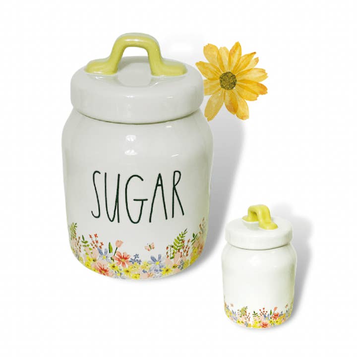 Contenitore Rae Dunn «Sugar» con fondo a fiore | Rae Dunn Sugar Cellar | Contenitore per zucchero per la vendita all'ingrosso da parte di Nevsher Lior