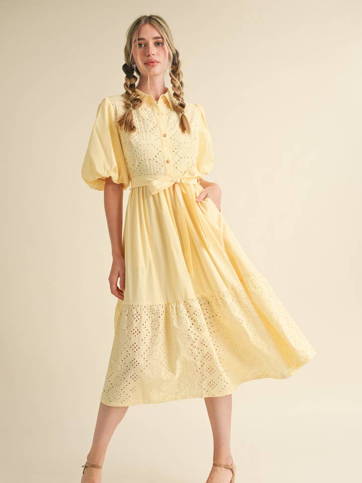 STRIPED EYELET BUTTON DOWN MIDI DRESS MDR3571 for wholesale by &MERCI