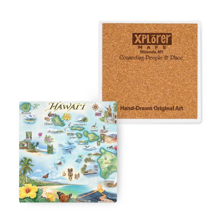 Hawai'i State Illustrated Map Ceramic Coaster for wholesale by XPLORER MAPS
