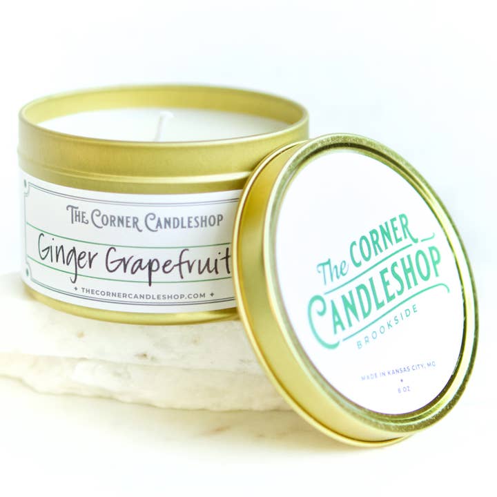 Ginger Grapefruit 8 oz. Tin Candle for wholesale by The Corner Candleshop