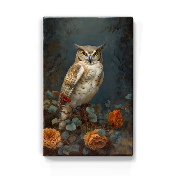 Laqueprint-gevlekte uil met oranje rozen-Handgelakt-19,5 x 30 cm-LP394 voor wholesale door Laqueprint