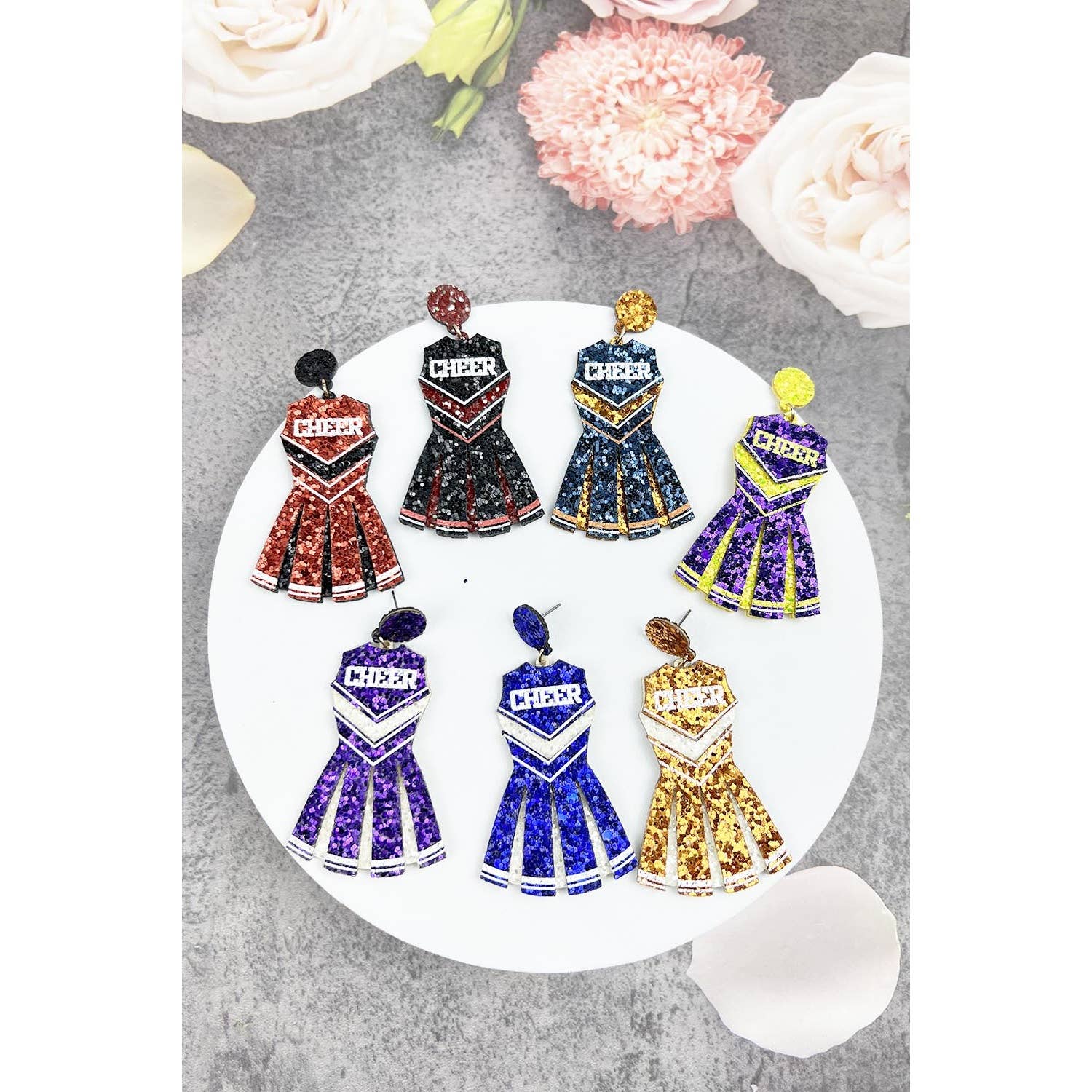 JHP Collection - Wholesale Dangle Earrings - GLITTER CHEERLEADER UNIFORM DROP POST EARRING14