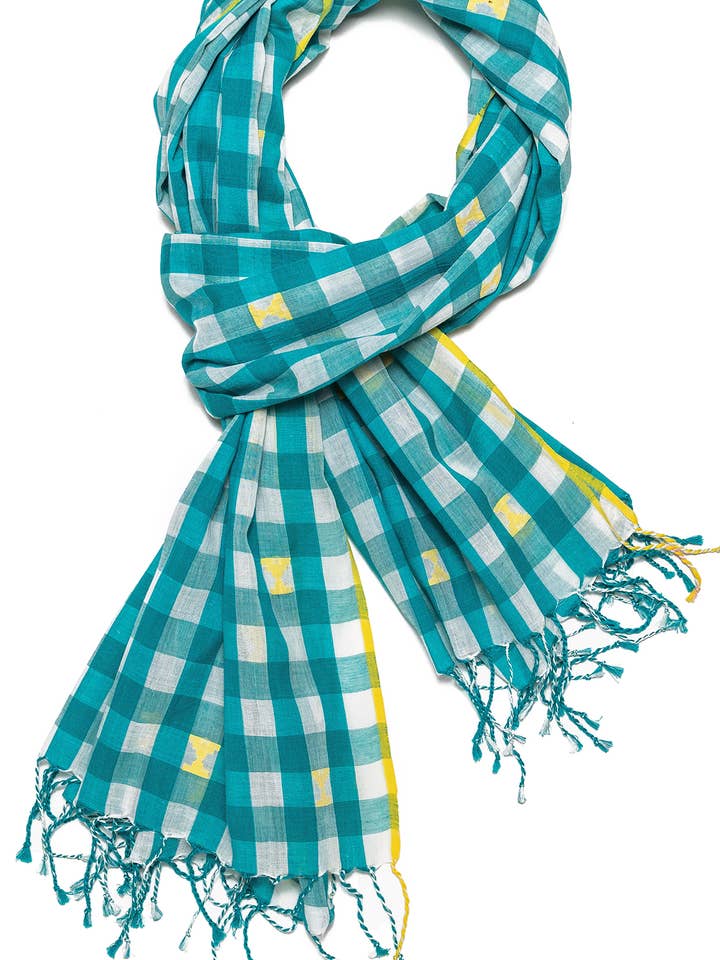 Écharpe Jamdani à carreaux turquoises pour femmes pour la vente par Indigo Handloom