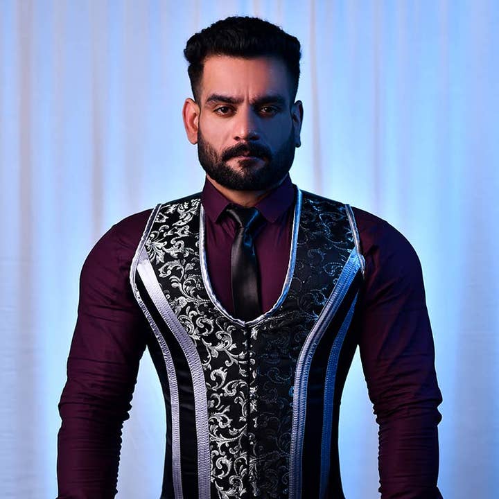 Black & Grey Corset Vest for Men – Brocade Fashion Outfit for wholesale by Miss Leather