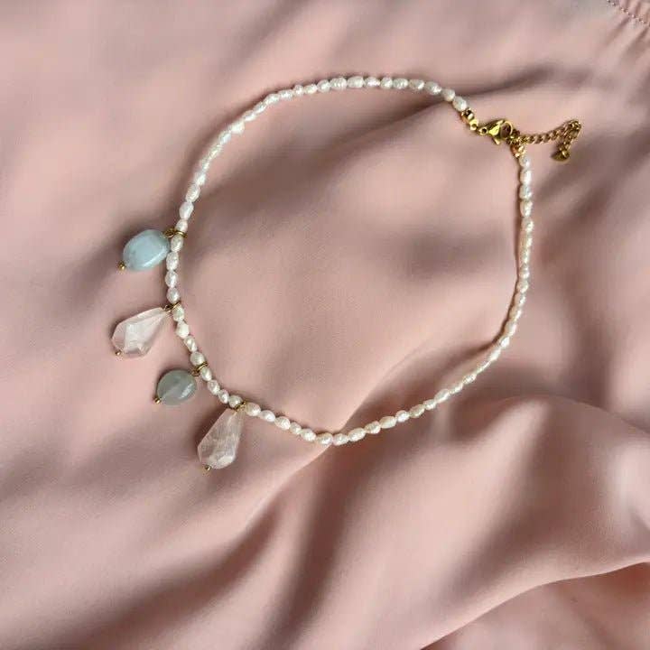 OE! - Wholesale Beaded/Pearl Necklace - SPRING – Necklace with Aquamarine, Rose Quartz, and Pearls6