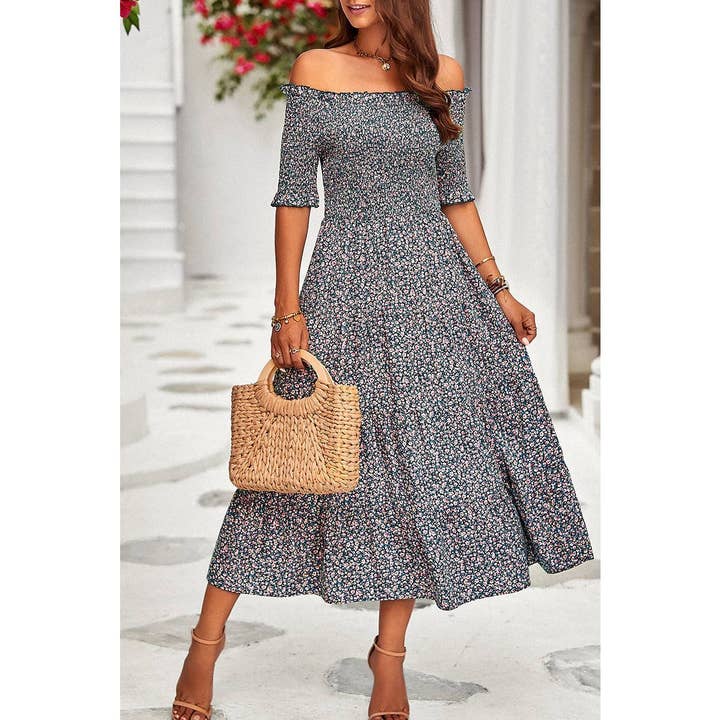 Boho Print Off Shoulder Ruffle Hem Floral Dress for wholesale by Supreme Fashion