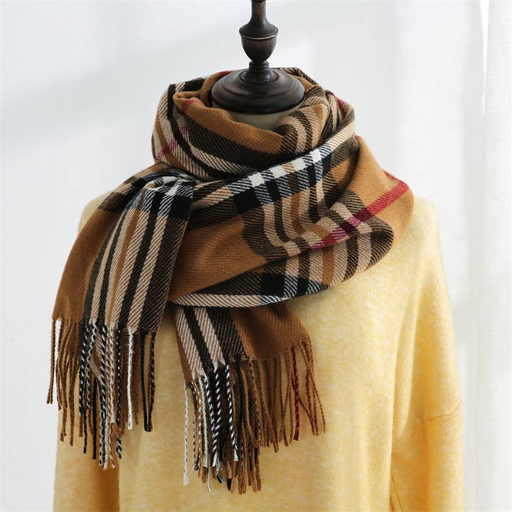 ACCITY - Wholesale Scarf - Women's - Plaid Faux Cashmere Scarf - Sweet Mid-Length Wrap_CWASC01900