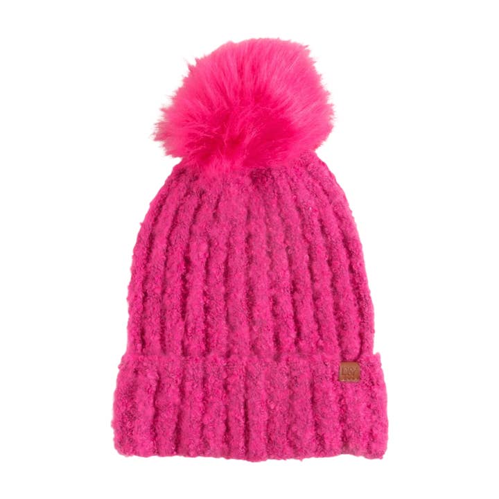 David And Young - Wholesale Beanie - Women's - Boucle Knit Beanie with Faux Fur Pom4
