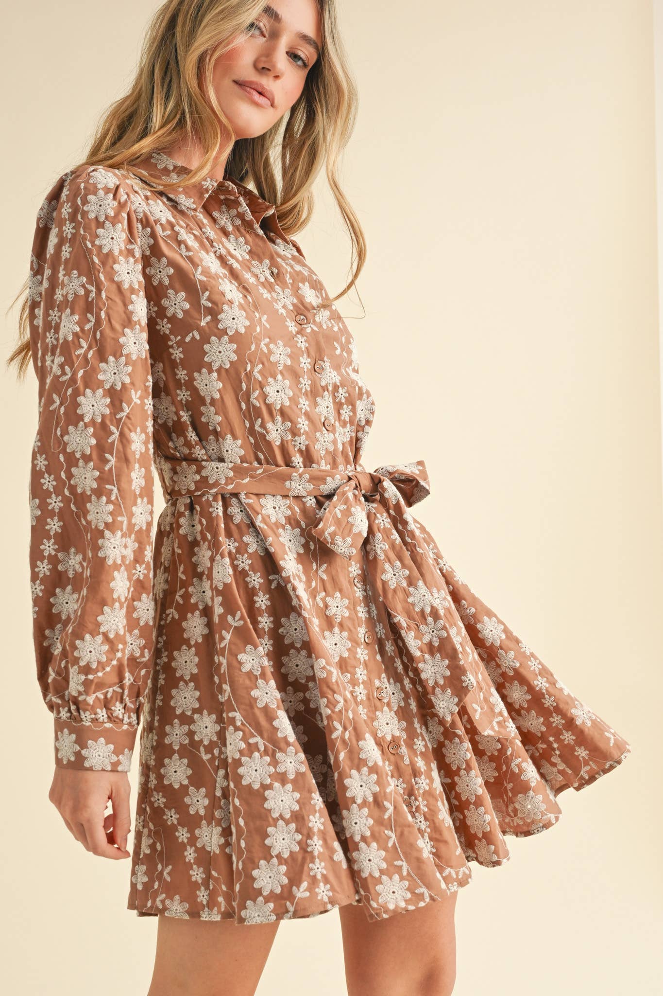&MERCI - Wholesale Dress - Women's - FLORAL EMBROIDERY BUTTON DOWN FLARED MINI DRESS MDR34276